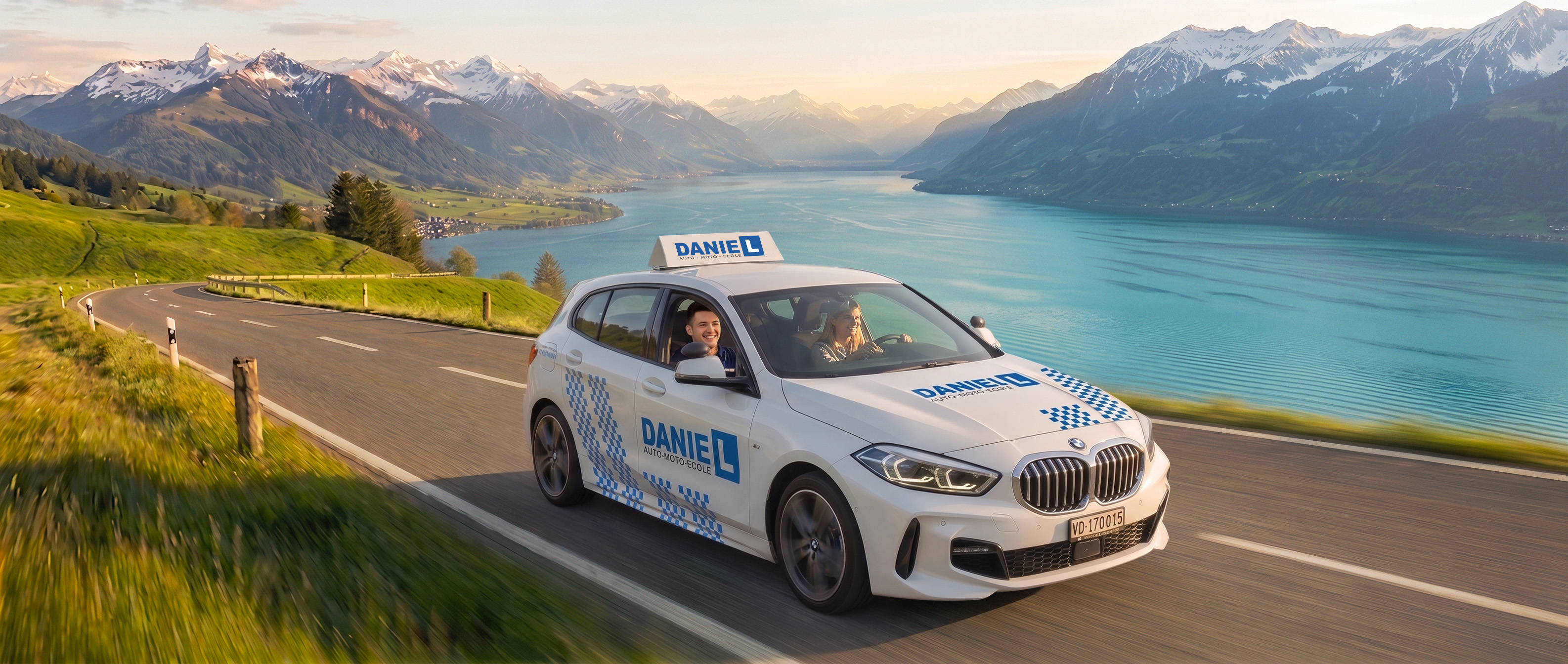 A dynamic, wide-angle shot of a sleek modern car driving on a coastal road at sunrise. The scene represents freedom and professionalism, with high-contrast lighting highlighting the vehicle's curves. The deep blue ocean and bright morning sky perfectly complement a corporate, optimistic aesthetic, using clean white and deep blue tones to convey trust and safety.